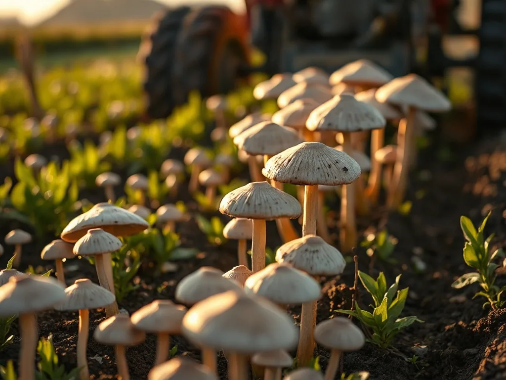 Gros plan sur plusieurs champignons à chapeau blanc et lamelles roses poussant dans une pelouse tondue, avec des brins