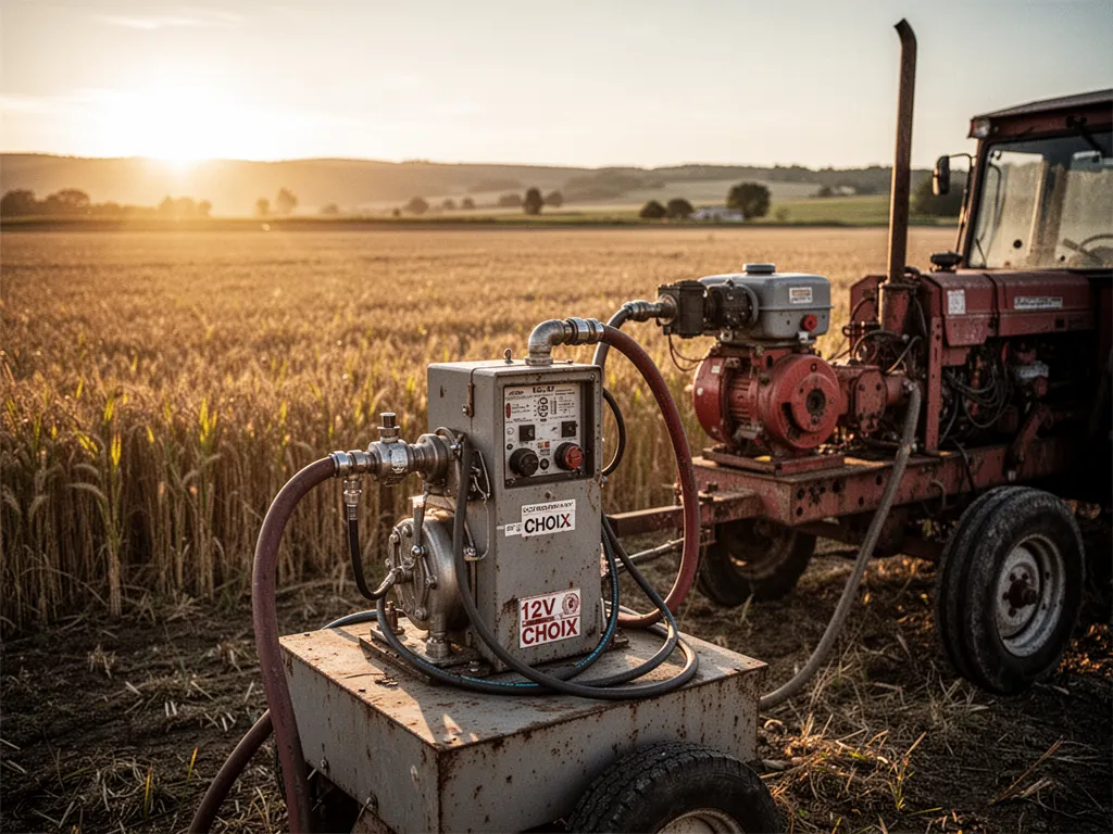Pompe 12V carburant posée sur un bidon de GNR, avec flexible et pinces crocodiles branchées sur une batterie de tracteur
