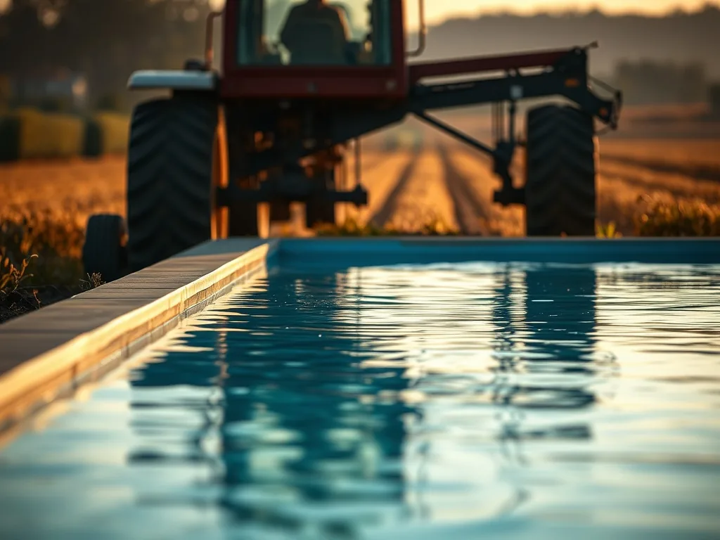 Bidons de produits de traitement de piscine posés sur une dalle, avec une cuve d'eau de 5000 litres en arrière-plan dans une